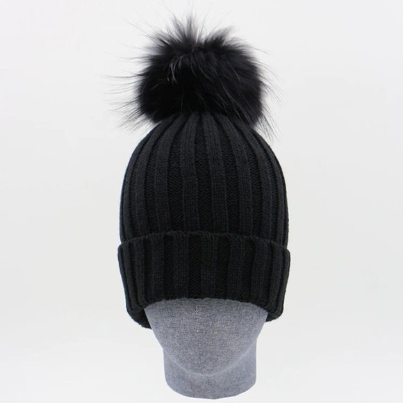 BLACK FUR POM BEANIE HAT - Picture 8 of 10